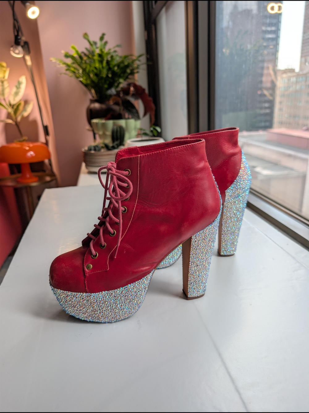 Original Jeffrey Campbell Lita Red Platform Boots with Custom Rhinestone